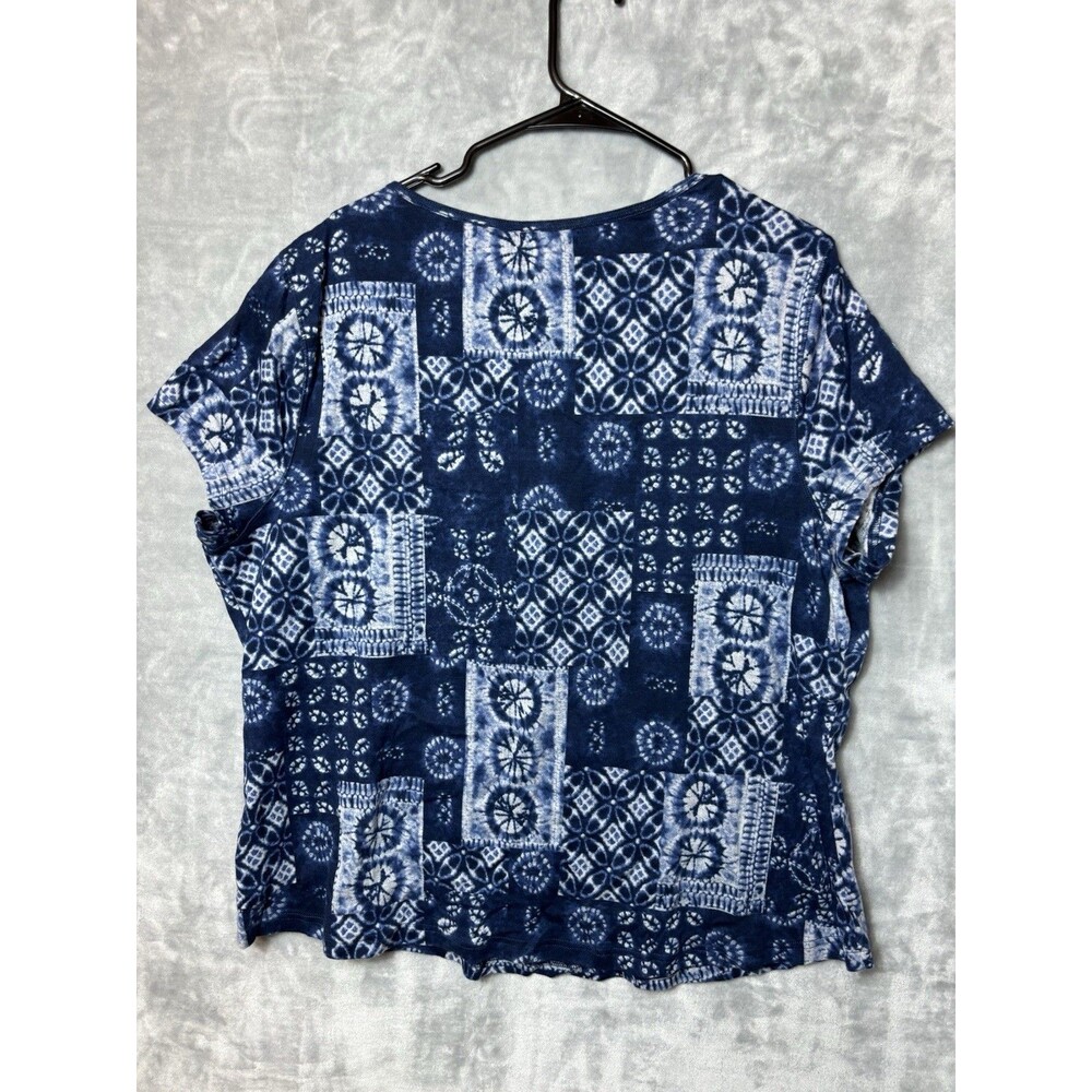 Chaps Woman’s  Size 3X Shirt Short Sleeve Navy With Pattern Cotton Button Accent - Picture 2 of 4